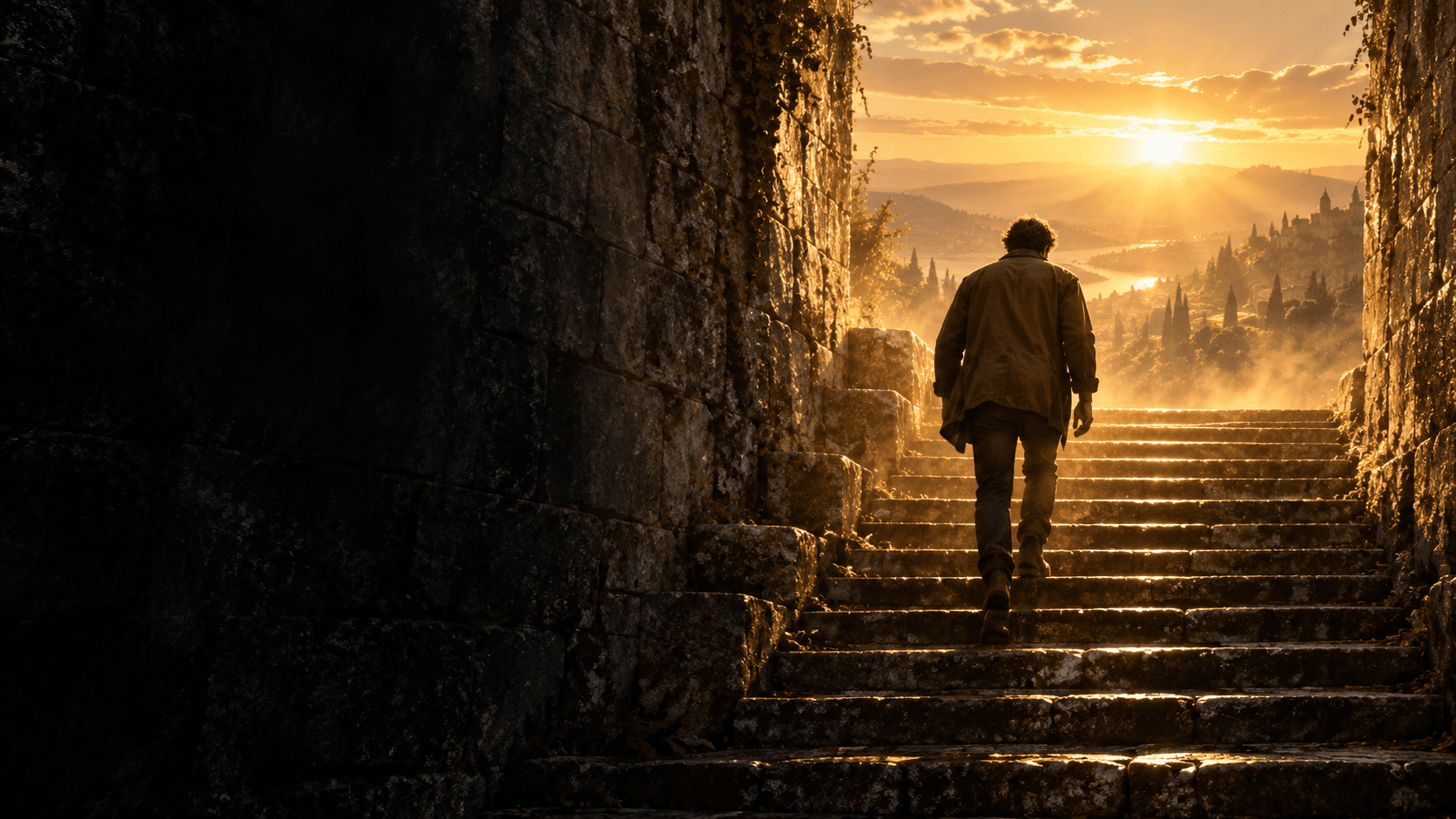 A man climbs weathered stone steps toward a radiant golden sunrise