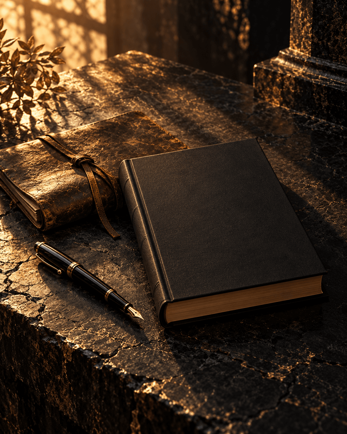 A leather journal and fountain pen in warm afternoon light