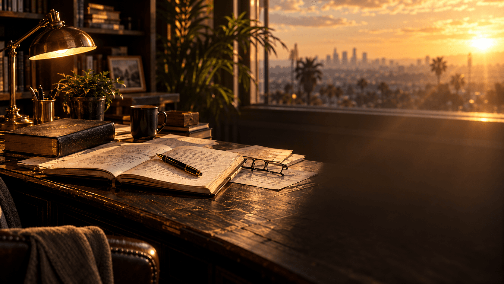 A writer’s desk overlooking Los Angeles in golden afternoon light