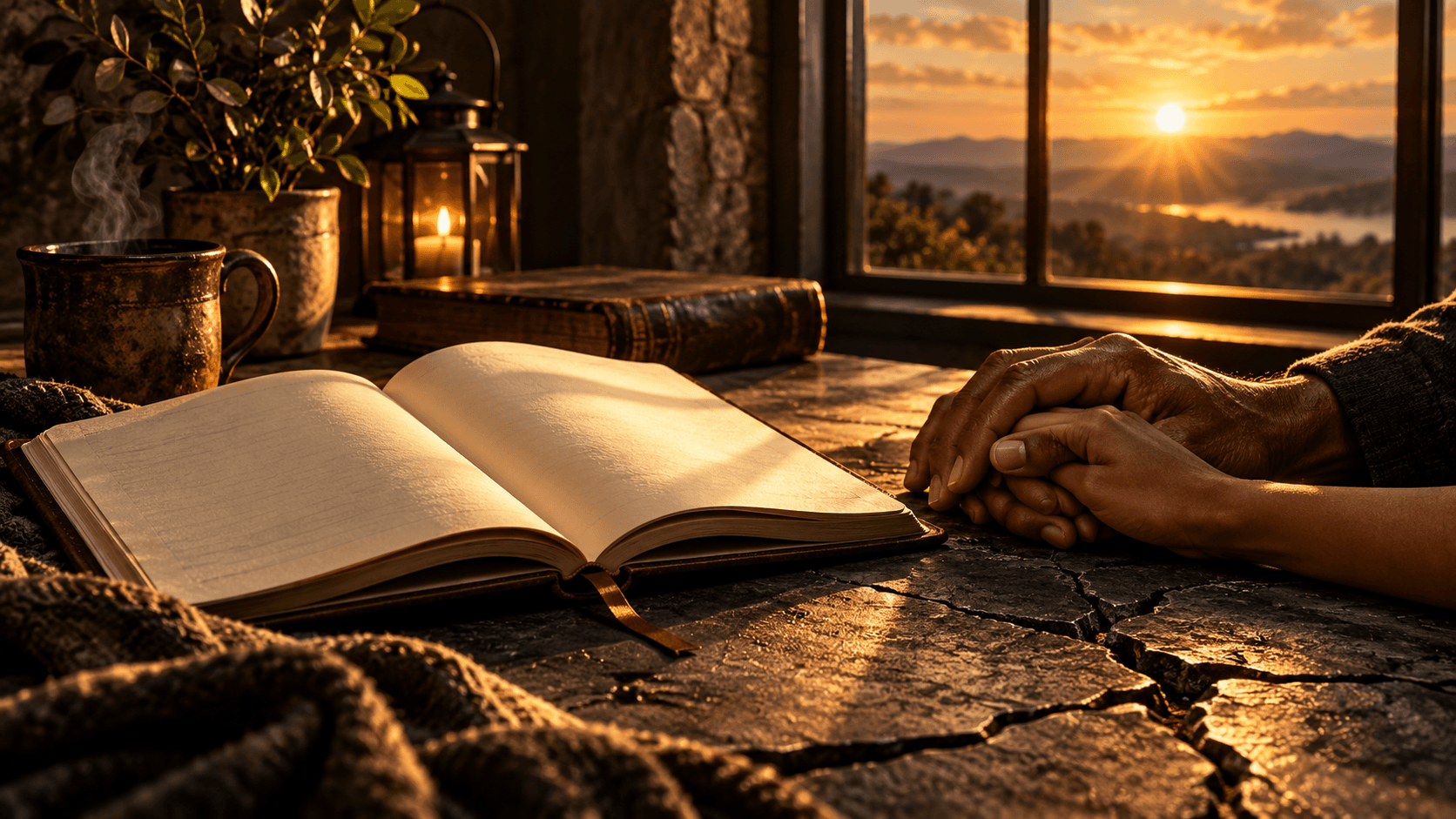 Hands resting near an open notebook in warm golden light